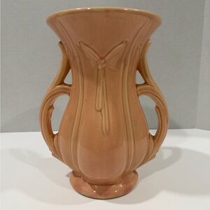 Vintage McCoy Pottery Double-Handled Ceramic Vase in Peach Small Chip (see pic)